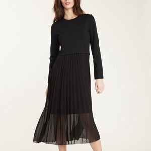 NWT Ponte Knit Georgette Pleated Midi Dress in Black (S, M, L, XL)